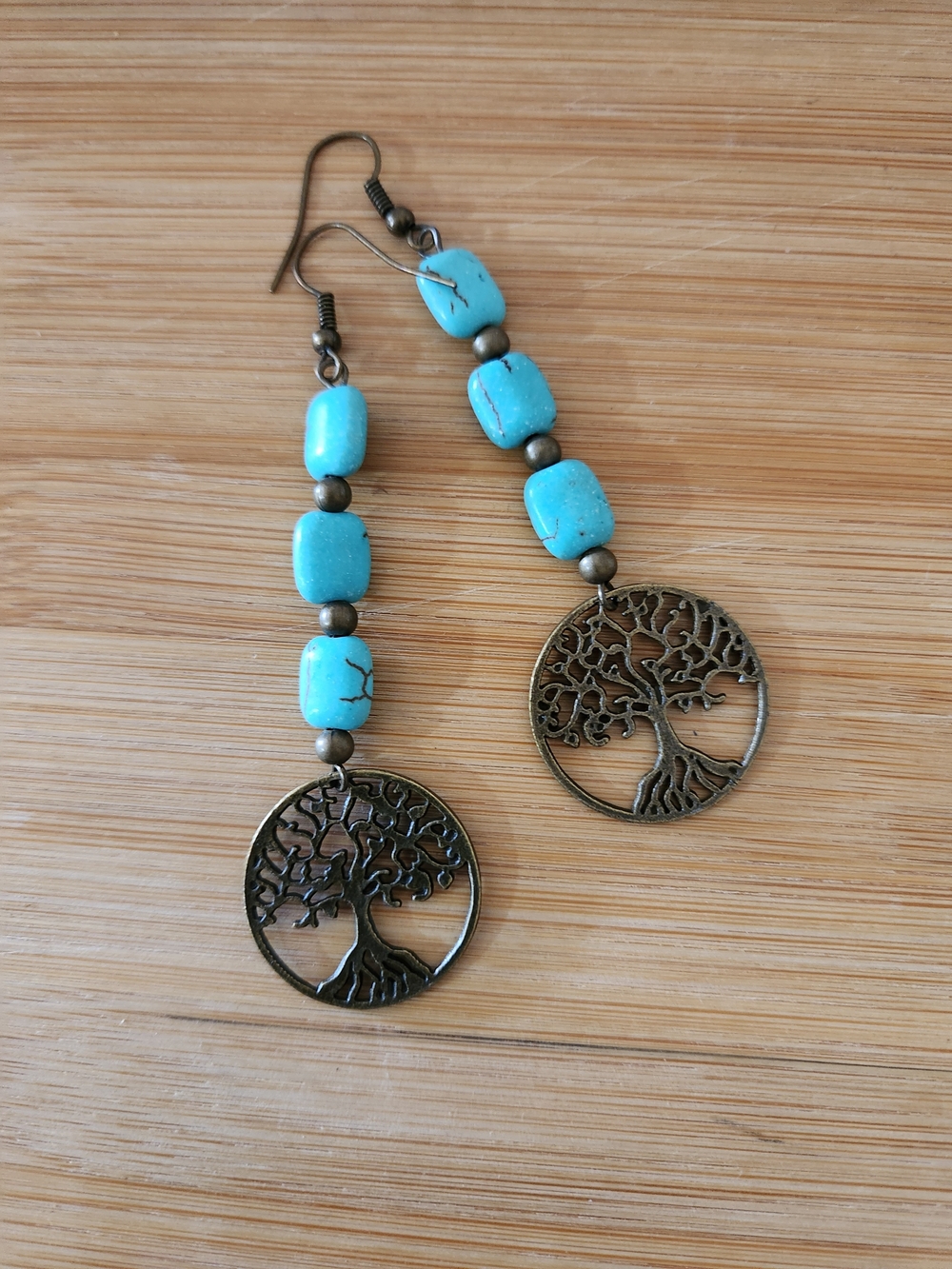 Hand Crafted Turquoise Blue Tree of Life Drop Earrings